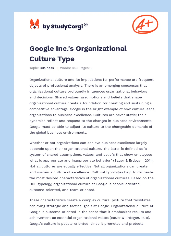 Google Inc.'s Organizational Culture Type. Page 1