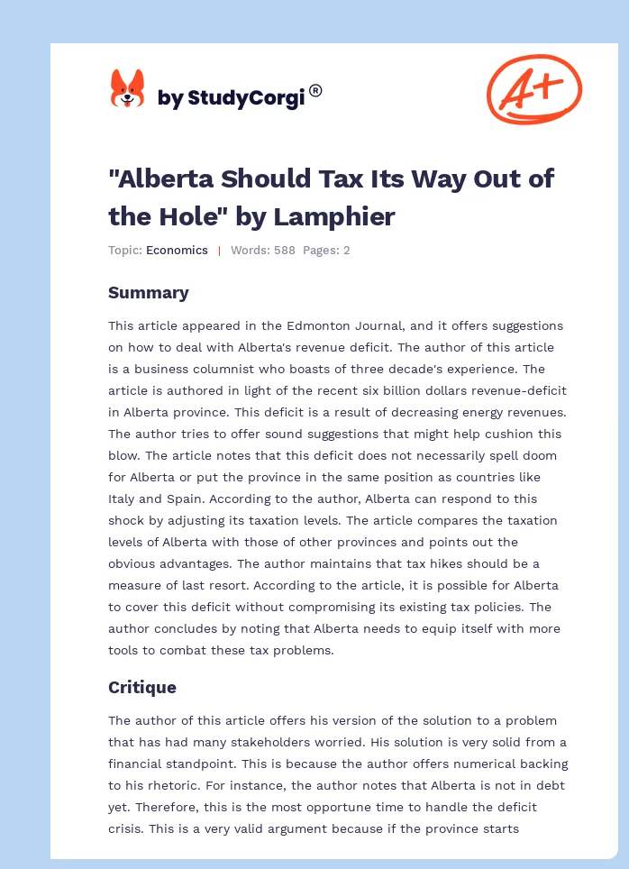 "Alberta Should Tax Its Way Out of the Hole" by Lamphier. Page 1