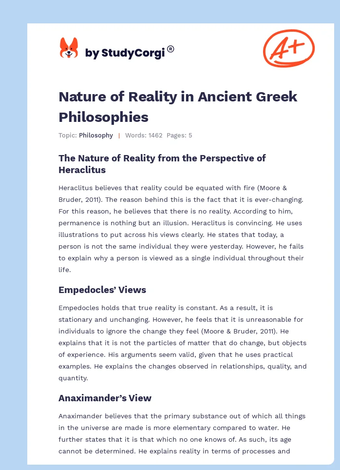 Nature of Reality in Ancient Greek Philosophies. Page 1