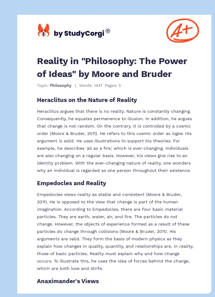Reality in "Philosophy: The Power of Ideas" by Moore and Bruder. Page 1