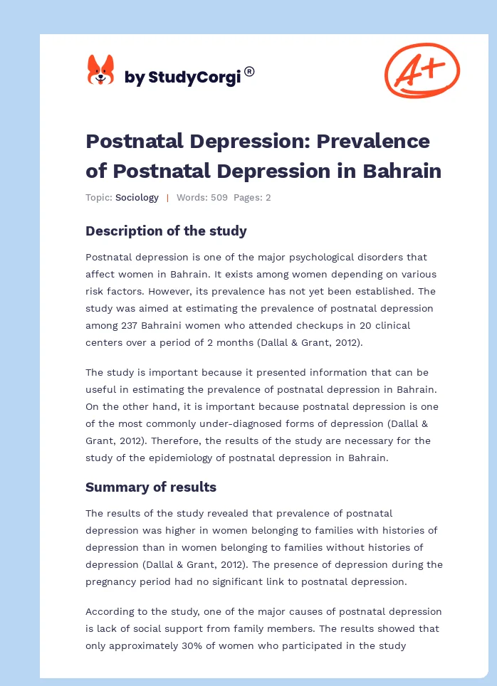 Postnatal Depression: Prevalence of Postnatal Depression in Bahrain. Page 1