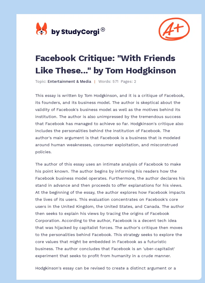Facebook Critique: "With Friends Like These..." by Tom Hodgkinson. Page 1