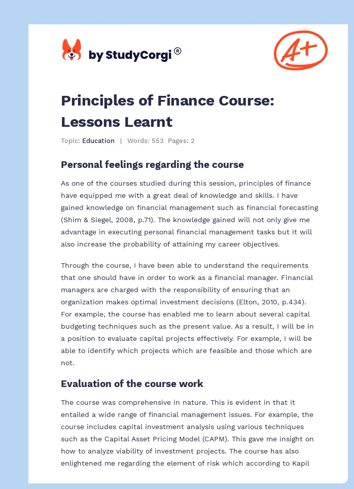 Principles of Finance Course: Lessons Learnt. Page 1