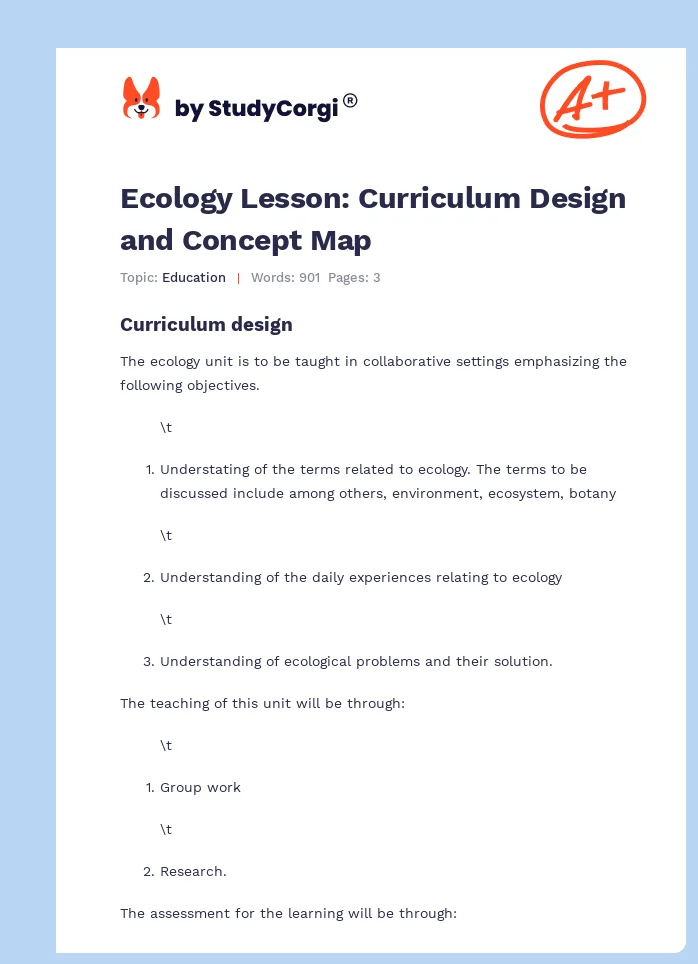 Ecology Lesson: Curriculum Design and Concept Map. Page 1
