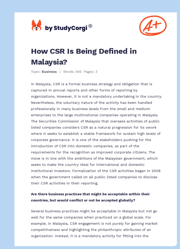 How CSR Is Being Defined in Malaysia?. Page 1