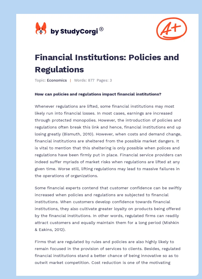 Financial Institutions: Policies and Regulations. Page 1