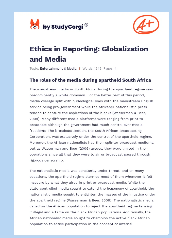 Ethics in Reporting: Globalization and Media. Page 1
