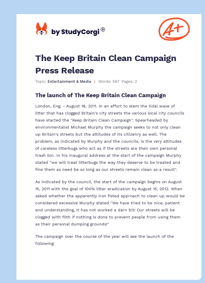 The Keep Britain Clean Campaign Press Release. Page 1