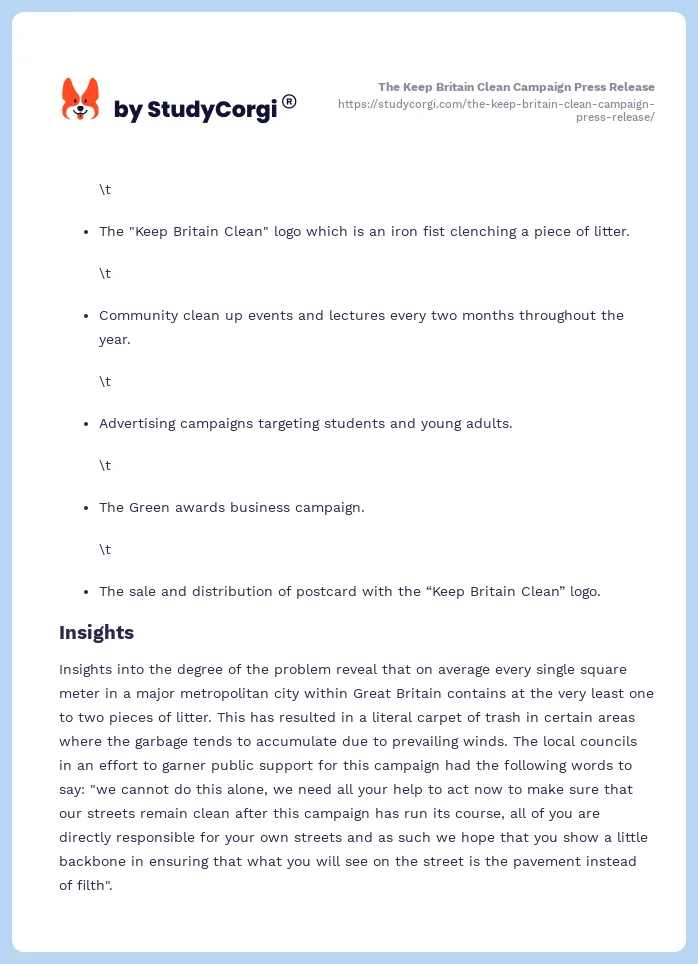 The Keep Britain Clean Campaign Press Release. Page 2