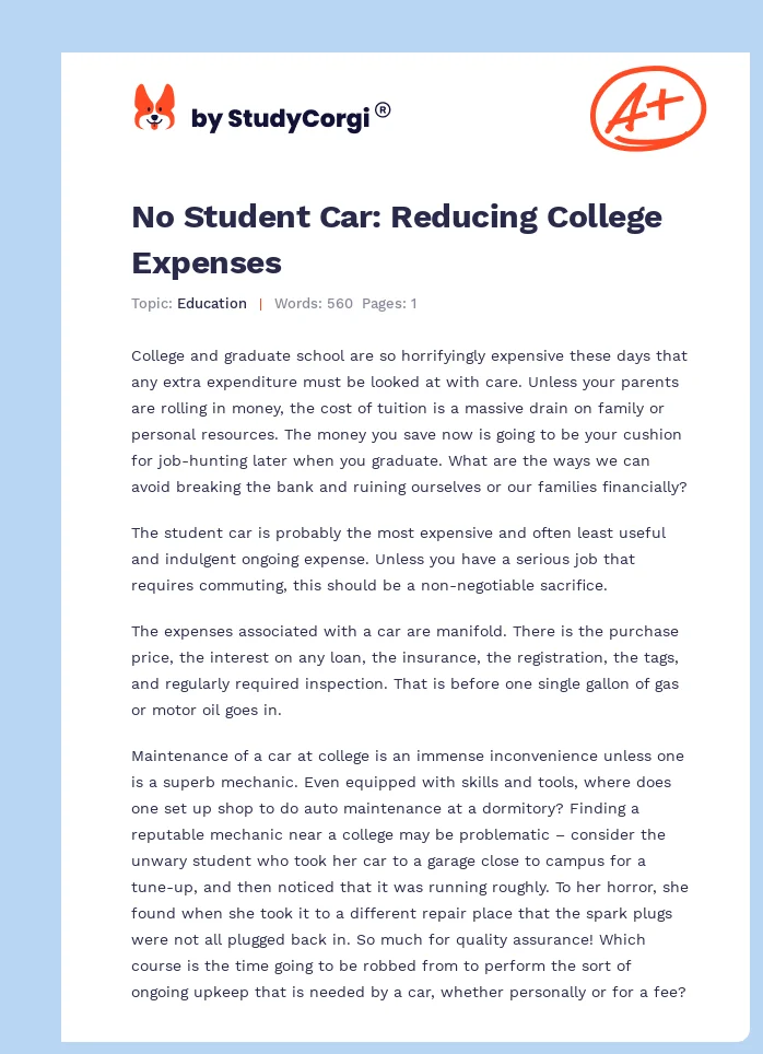 No Student Car: Reducing College Expenses. Page 1