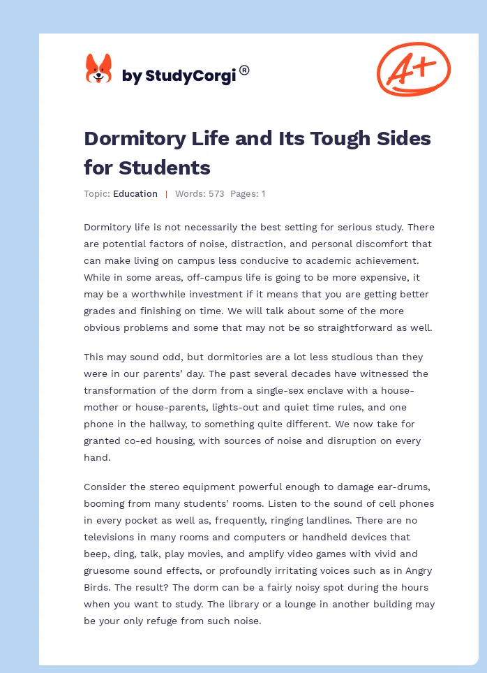 Dormitory Life and Its Tough Sides for Students. Page 1