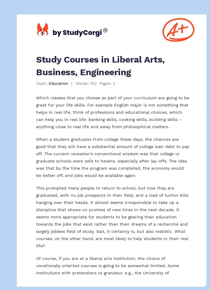 Study Courses in Liberal Arts, Business, Engineering. Page 1