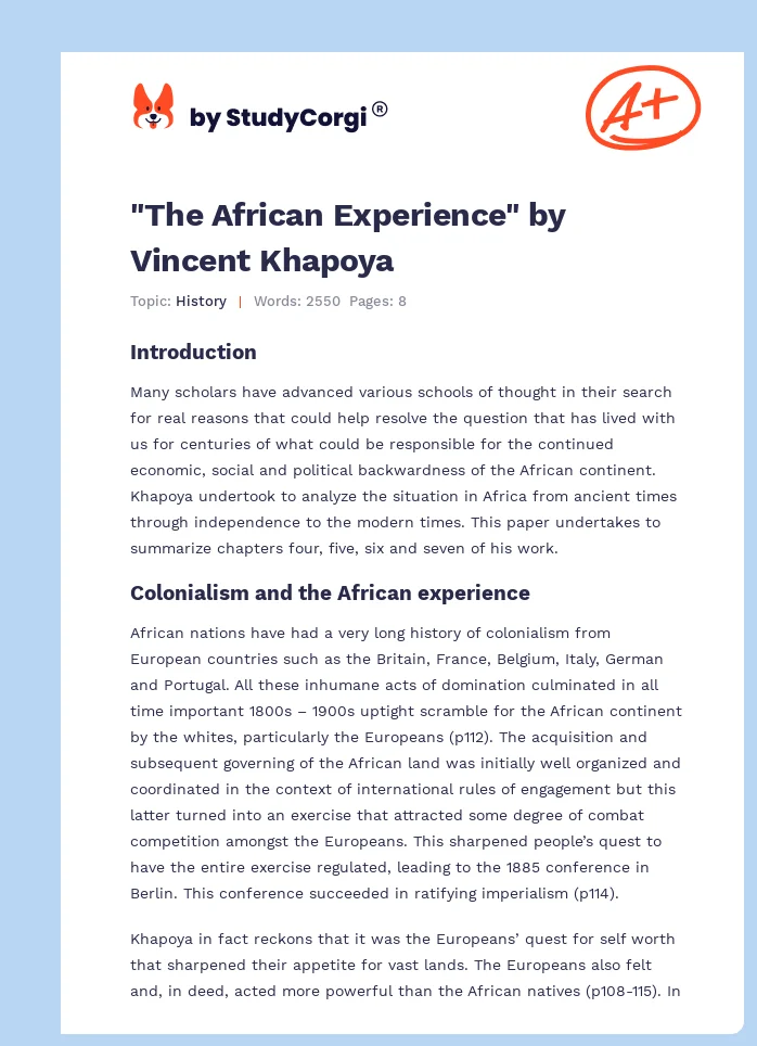 "The African Experience" by Vincent Khapoya. Page 1