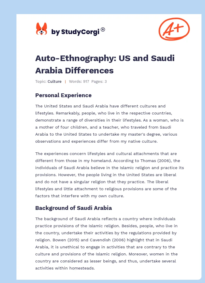 Auto-Ethnography: US and Saudi Arabia Differences. Page 1