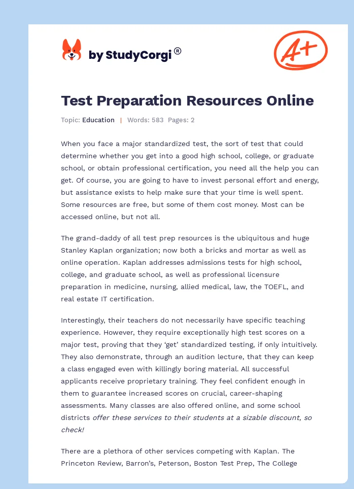 Test Preparation Resources Online. Page 1