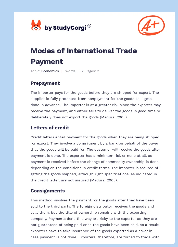 Modes of International Trade Payment. Page 1