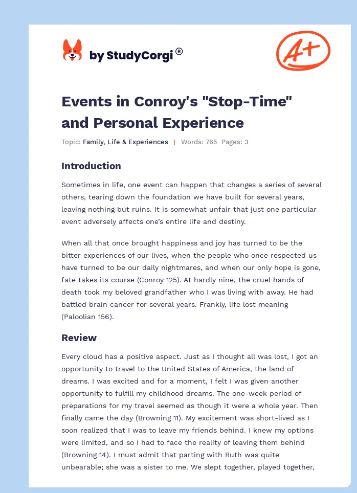 Events in Conroy's "Stop-Time" and Personal Experience. Page 1