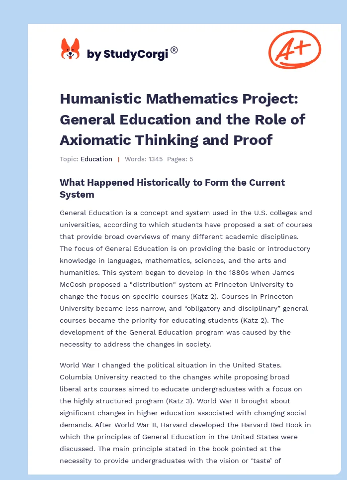 Humanistic Mathematics Project: General Education and the Role of Axiomatic Thinking and Proof. Page 1