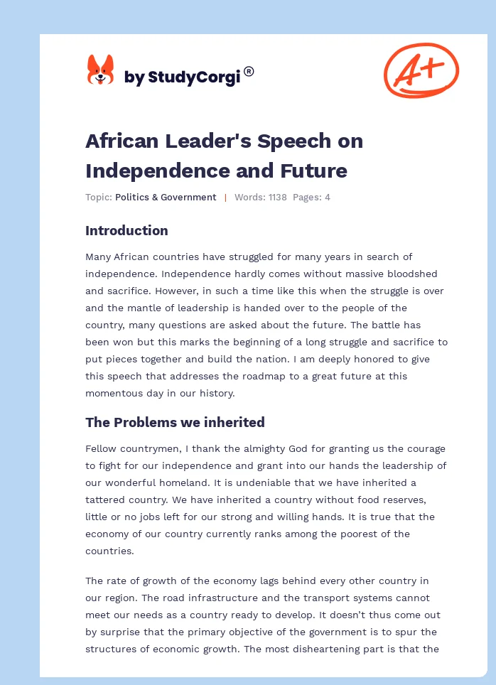 African Leader's Speech on Independence and Future. Page 1
