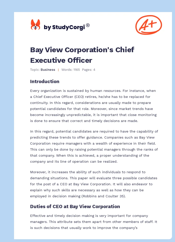 Bay View Corporation's Chief Executive Officer. Page 1
