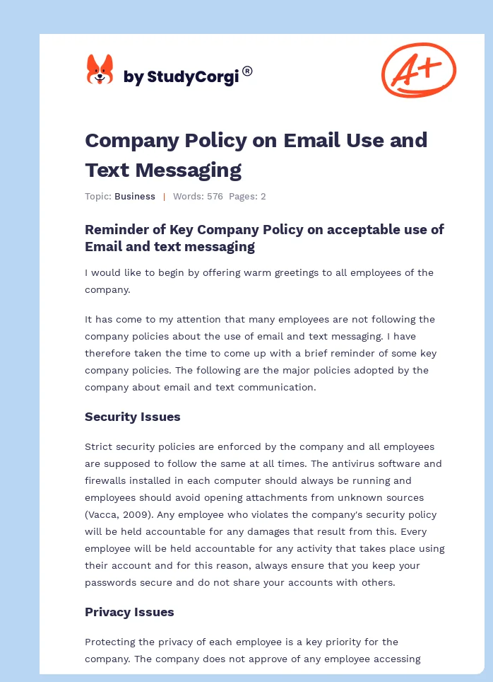 Company Policy on Email Use and Text Messaging. Page 1