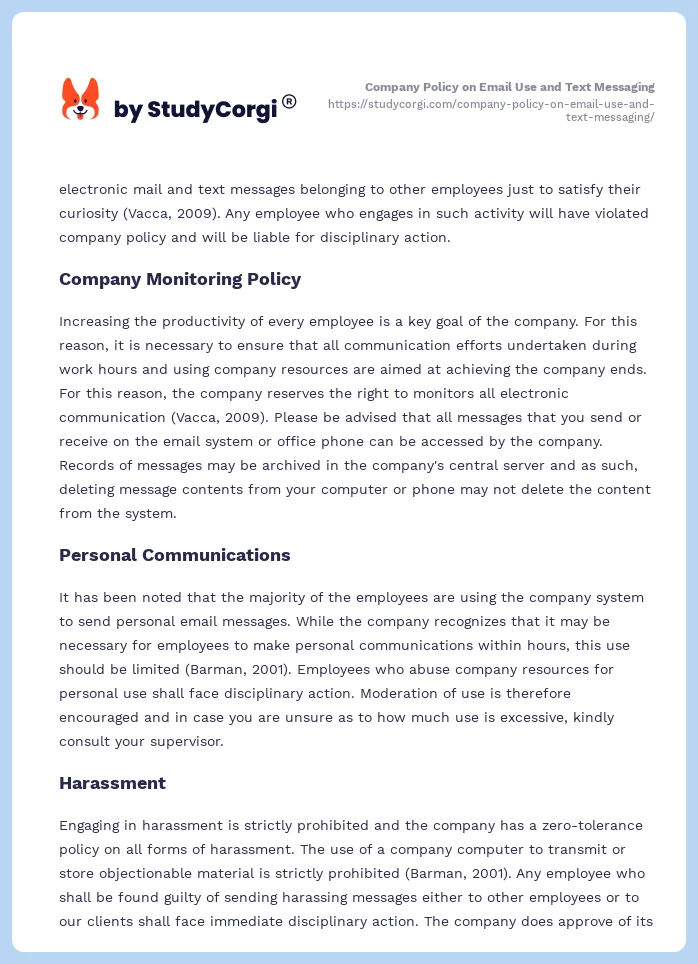 Company Policy on Email Use and Text Messaging. Page 2