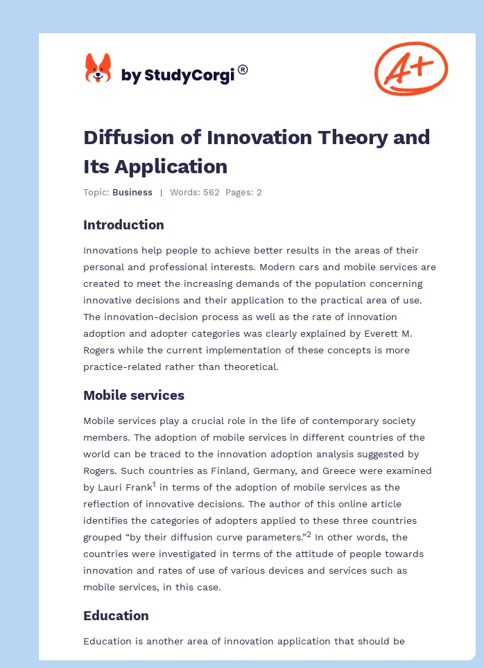 Diffusion of Innovation Theory and Its Application. Page 1