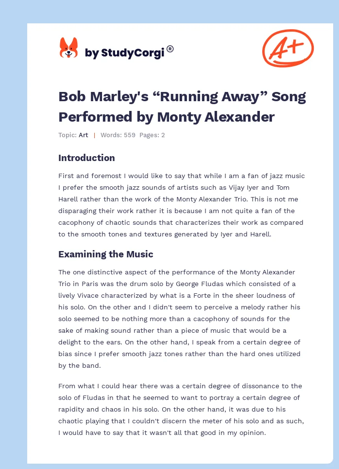 Bob Marley's “Running Away” Song Performed by Monty Alexander. Page 1