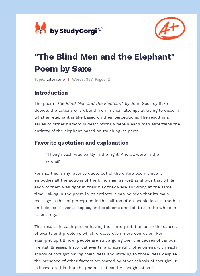 "The Blind Men and the Elephant" Poem by Saxe. Page 1