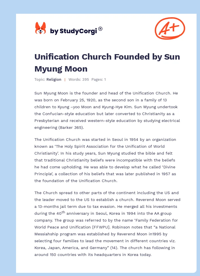 Unification Church Founded by Sun Myung Moon. Page 1