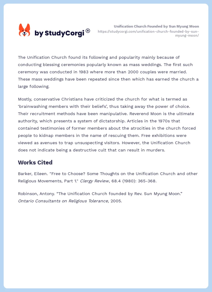 Unification Church Founded by Sun Myung Moon. Page 2