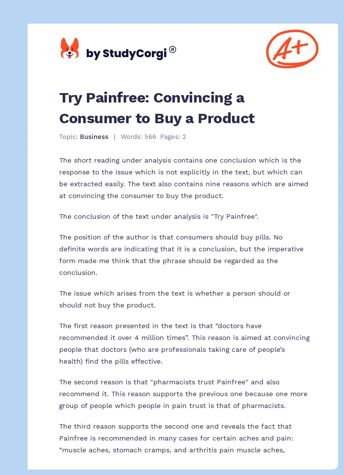 Try Painfree: Convincing a Consumer to Buy a Product. Page 1