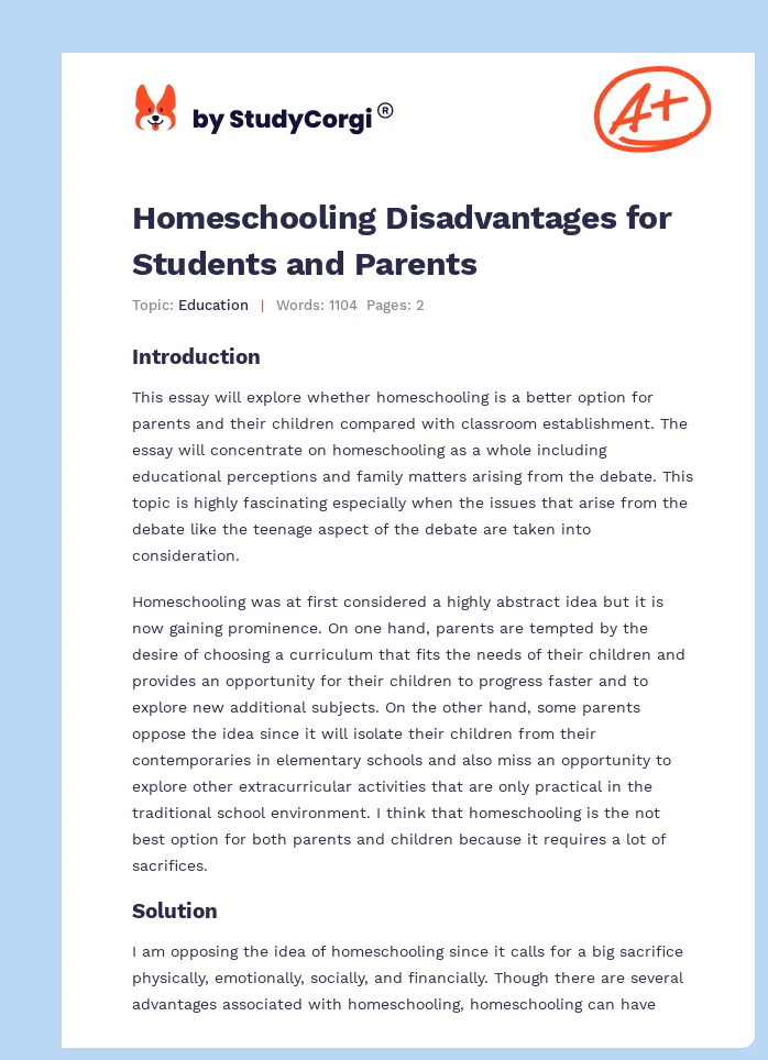 Homeschooling Disadvantages for Students and Parents. Page 1