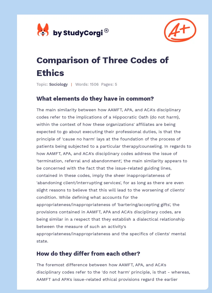 Comparison of Three Codes of Ethics. Page 1