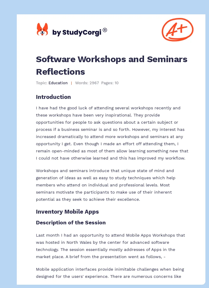 Software Workshops and Seminars Reflections. Page 1