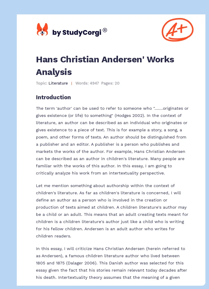 Hans Christian Andersen' Works Analysis. Page 1