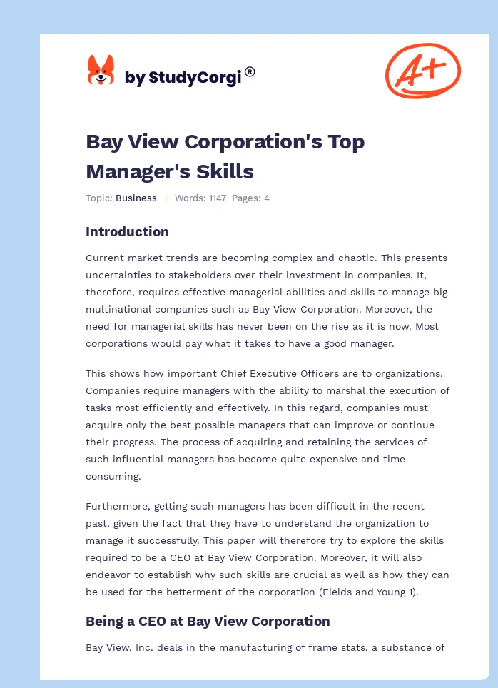 Bay View Corporation's Top Manager's Skills. Page 1