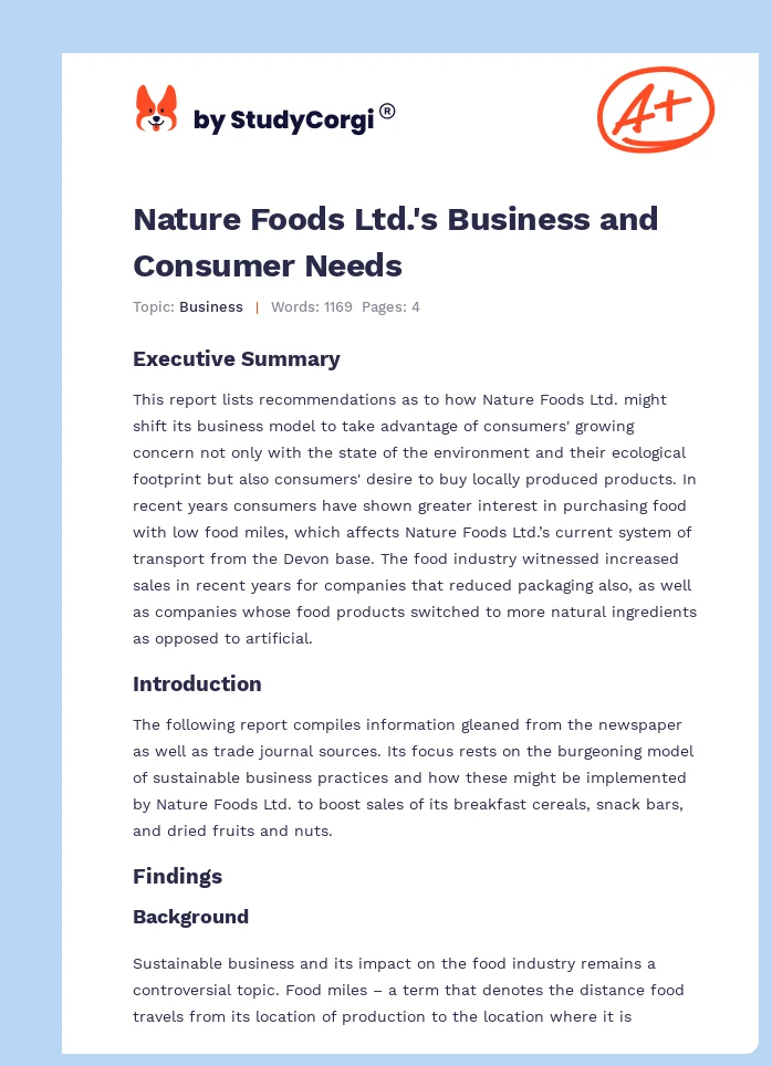 Nature Foods Ltd.'s Business and Consumer Needs. Page 1