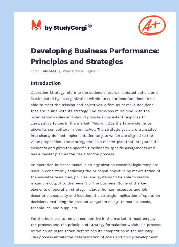 Developing Business Performance: Principles and Strategies. Page 1