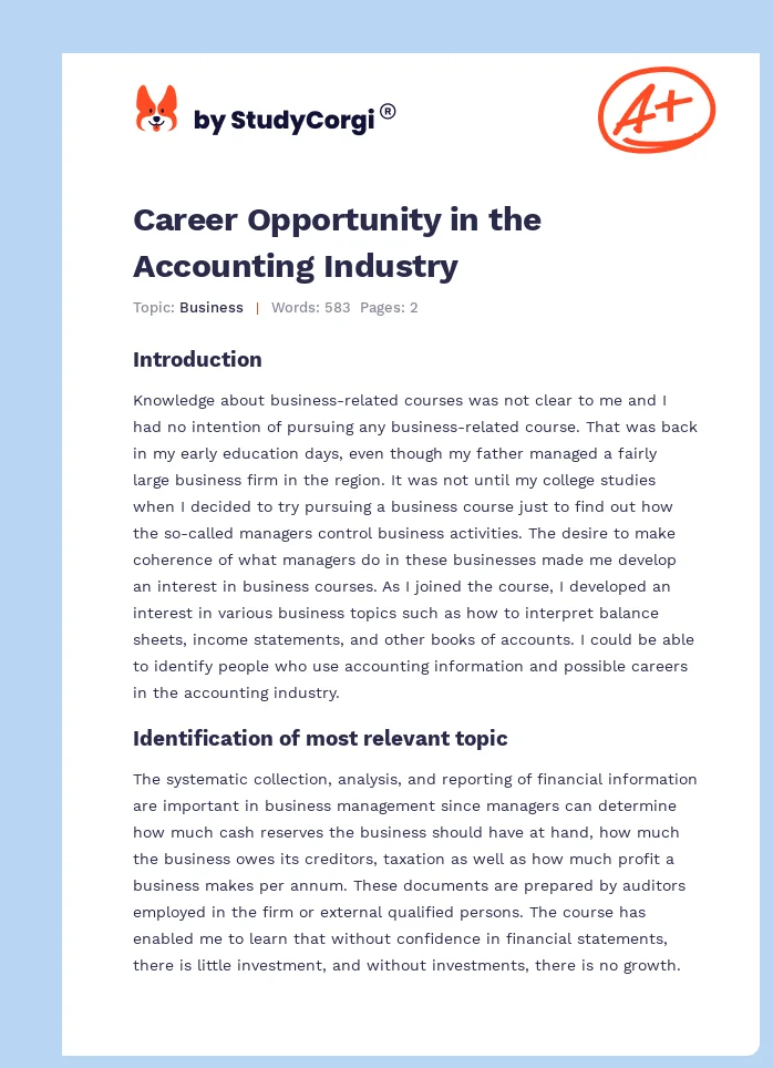 Career Opportunity in the Accounting Industry. Page 1