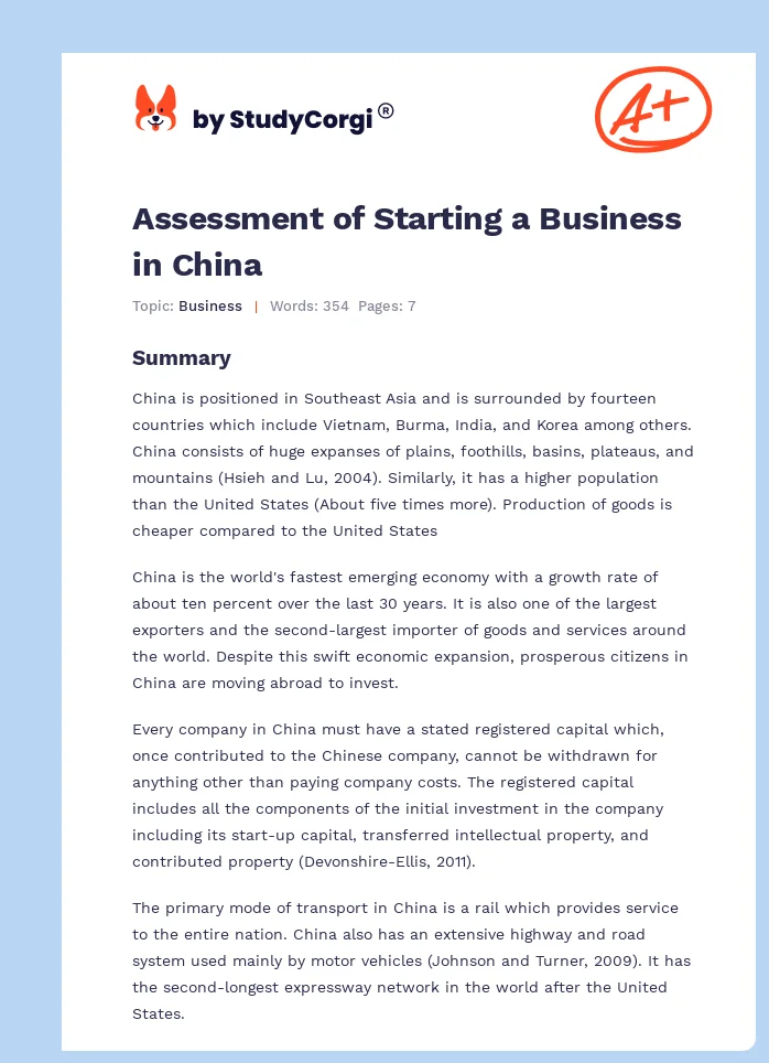 Assessment of Starting a Business in China. Page 1
