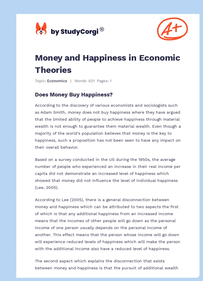 Money and Happiness in Economic Theories. Page 1