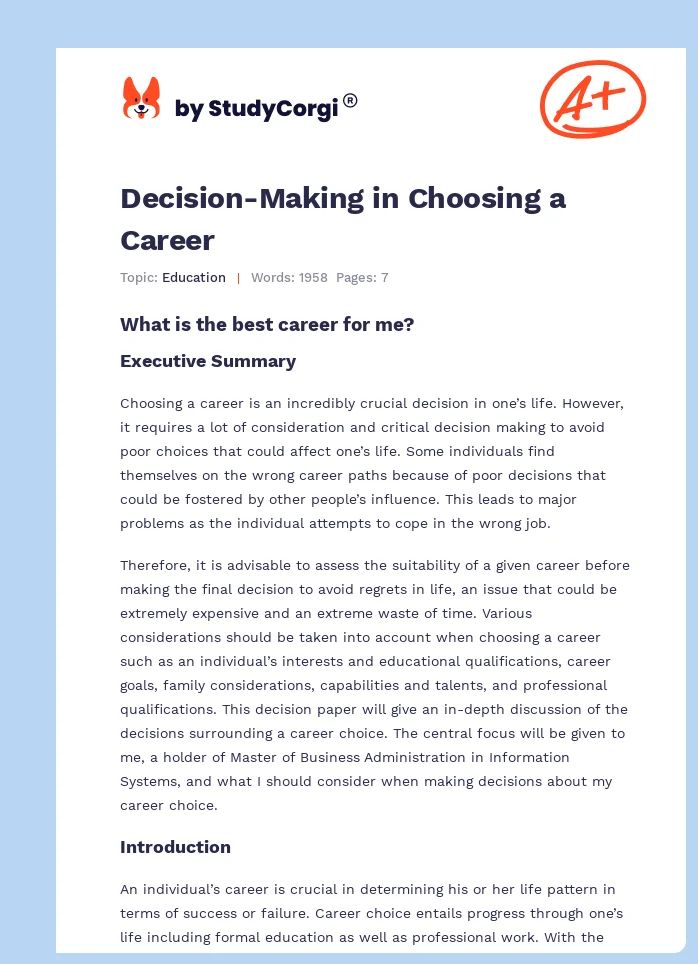 Decision-Making in Choosing a Career. Page 1