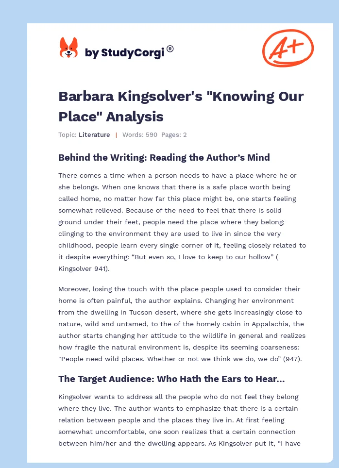 Barbara Kingsolver's "Knowing Our Place" Analysis. Page 1