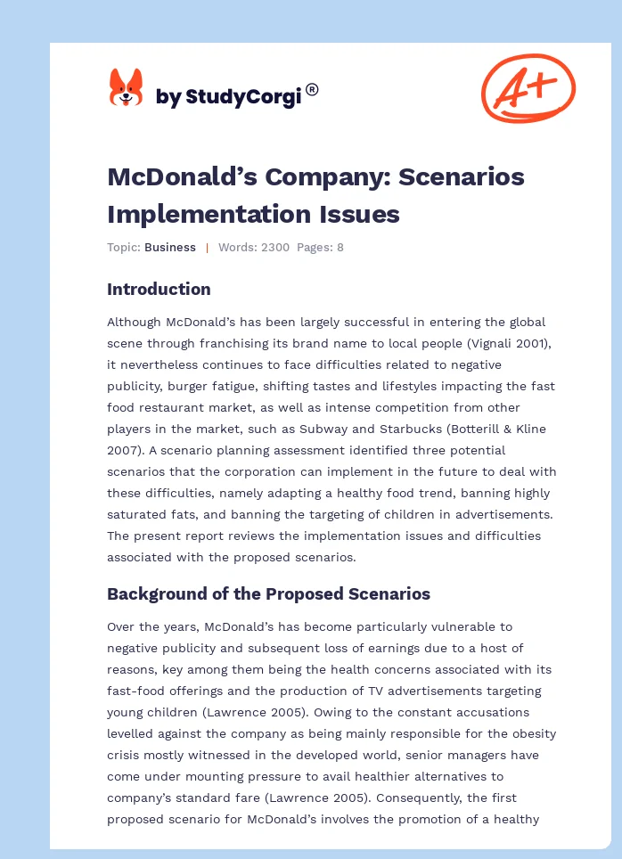 McDonald’s Company: Scenarios Implementation Issues. Page 1