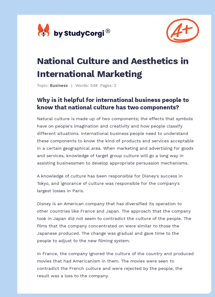 National Culture and Aesthetics in International Marketing. Page 1
