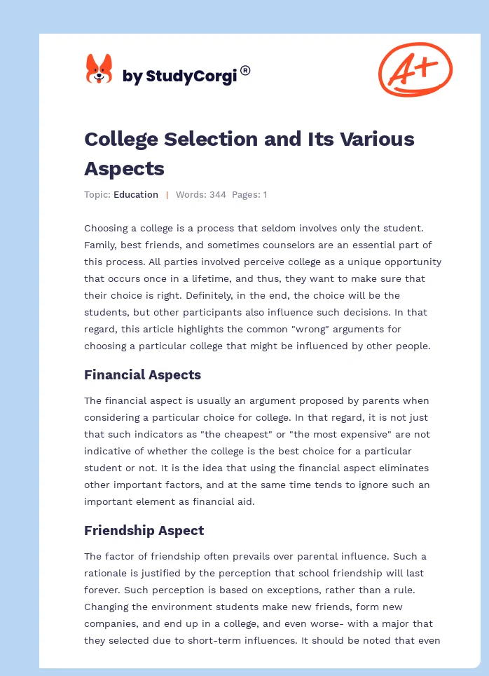 College Selection and Its Various Aspects. Page 1