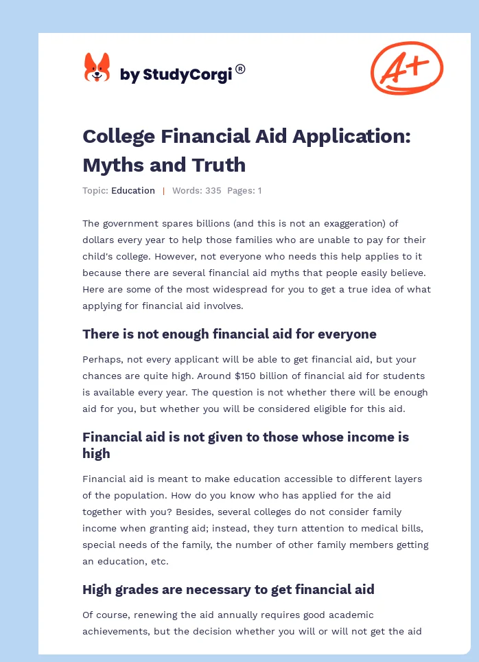 College Financial Aid Application: Myths and Truth. Page 1