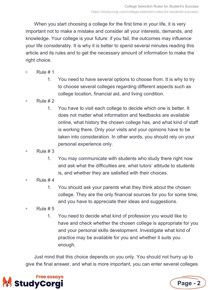 College Selection Rules for Student's Success. Page 2