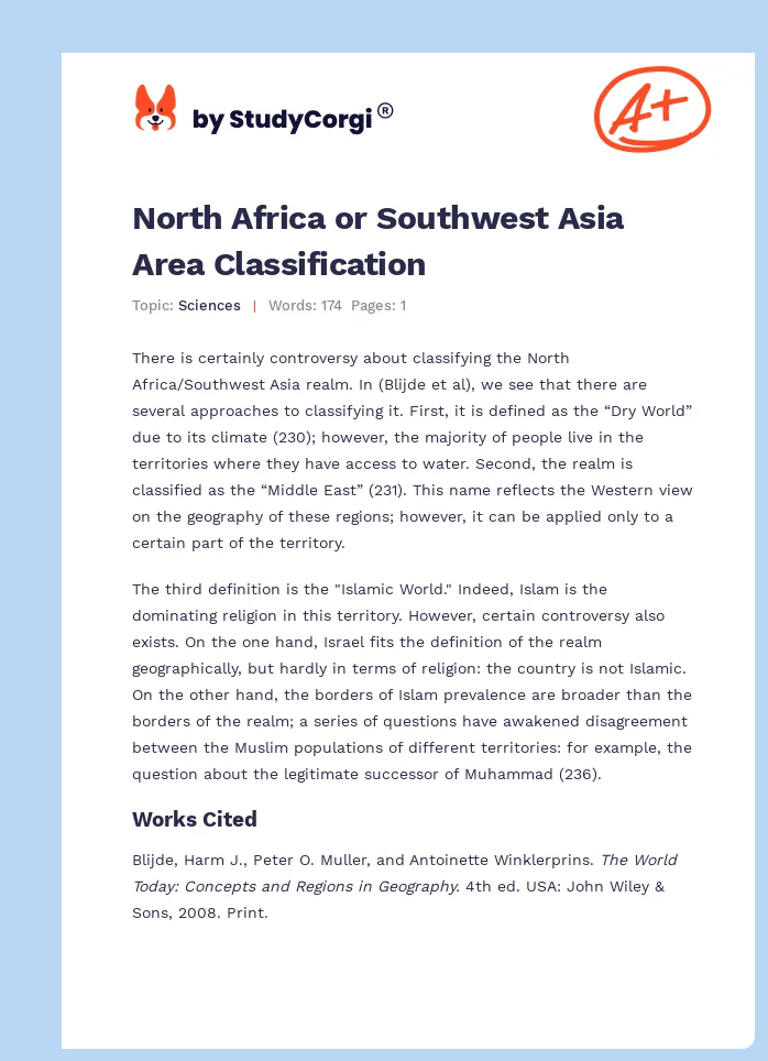 North Africa or Southwest Asia Area Classification. Page 1